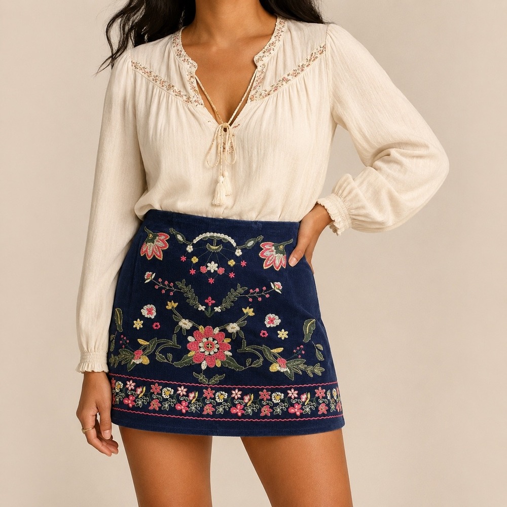 Francescas HARPER HERITAGE Embroidered Corduroy Mini Skirt L Navy Floral Cottage